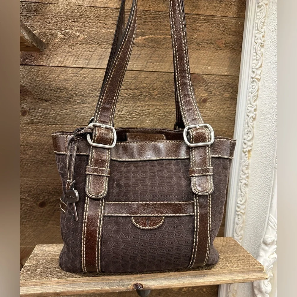 Fossil Brown Signature Canvas & Leather Buckle Tote Bag